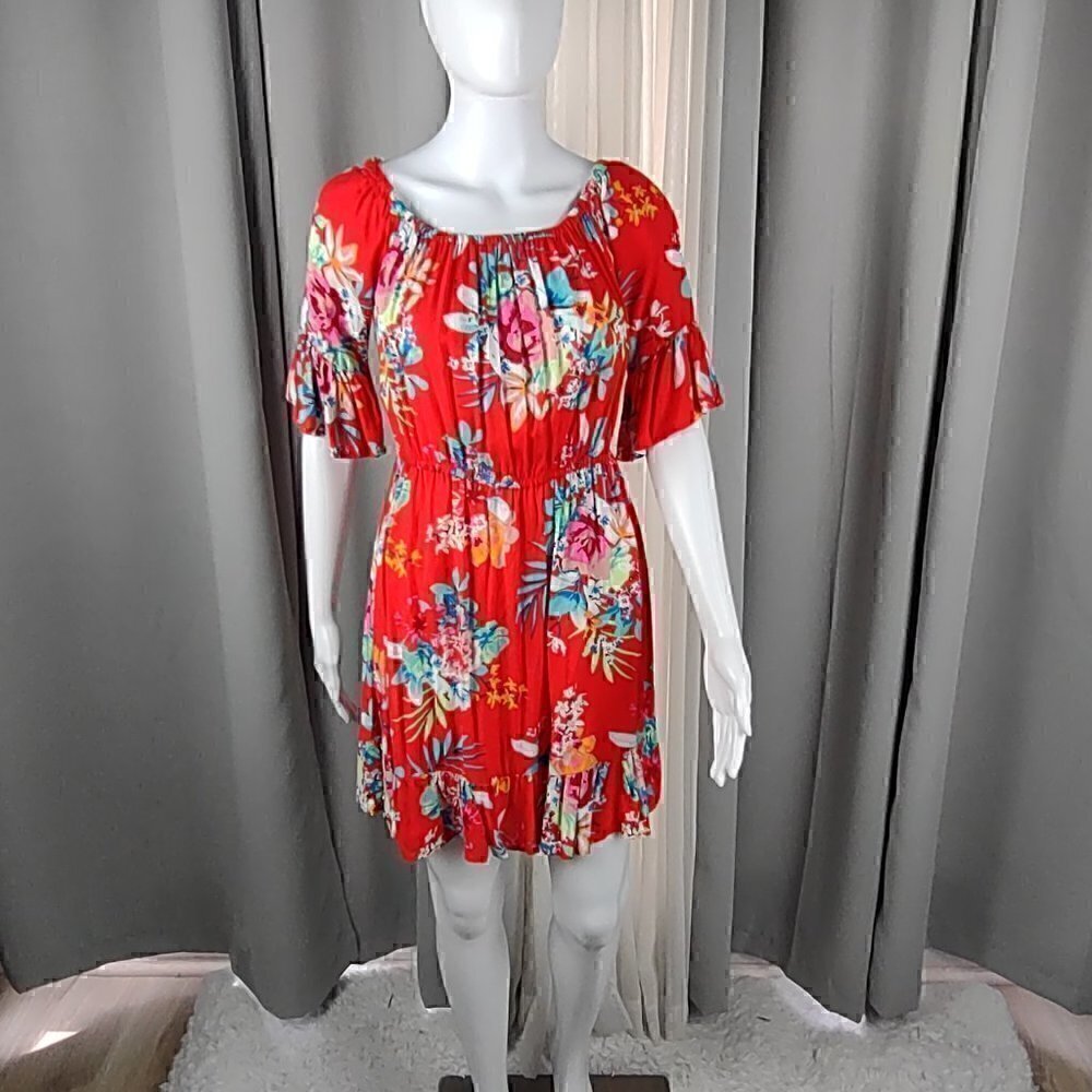 New Look Red Floral Off Shoulder Mini Dress Boho Ruffle Sleeve Viscose Size Med